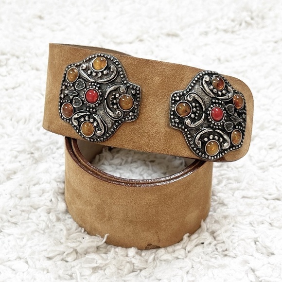 Brambilla Tan Suede Leather Western Metal Stone Ranch Southwestern Cowgirl S - Picture 2 of 6